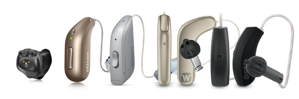 A lineup of a variety of modern hearing aids