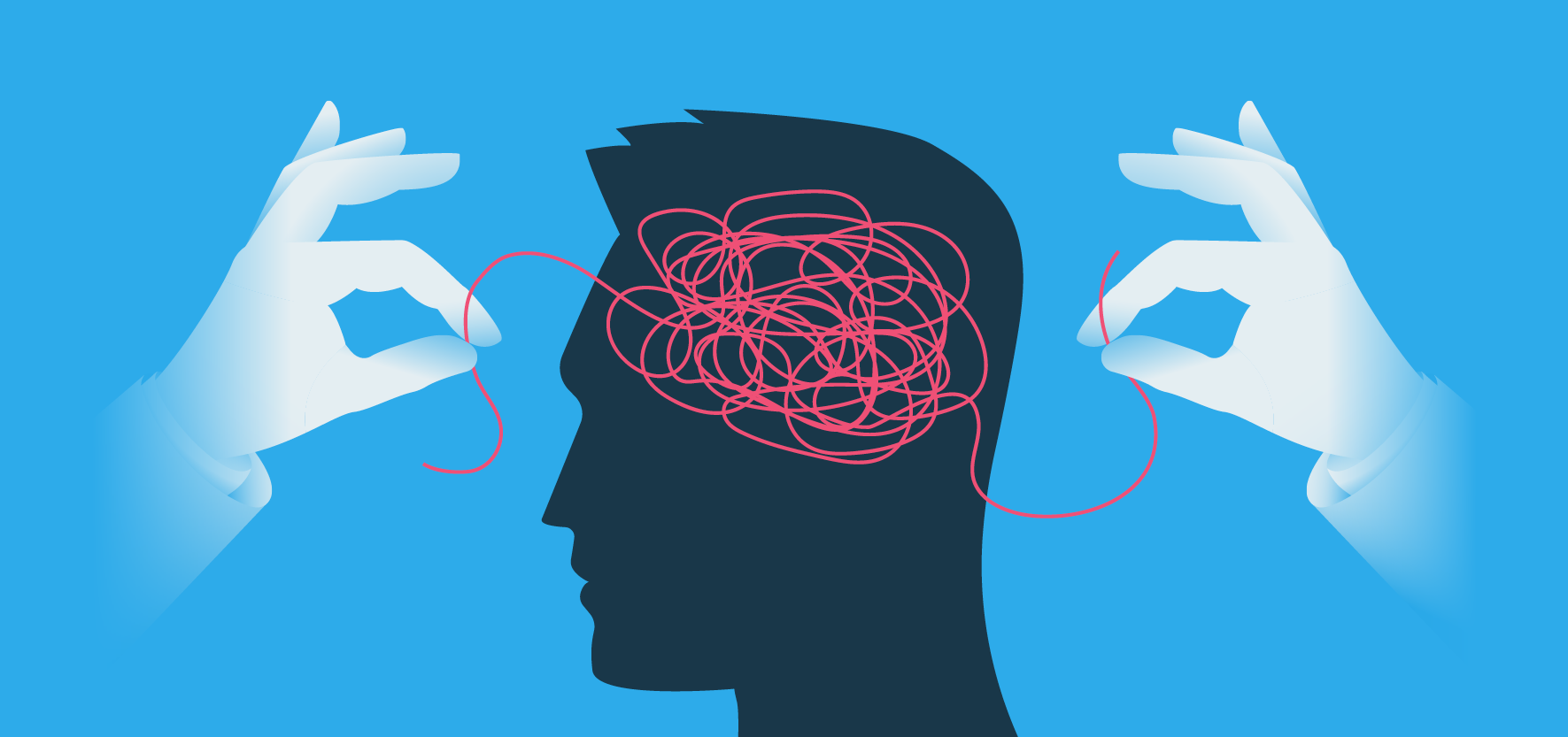 Illustration of a person’s head with a tangled red line inside the brain, being gently untangled by two gloved hands, symbolizing cognitive care or mental clarity